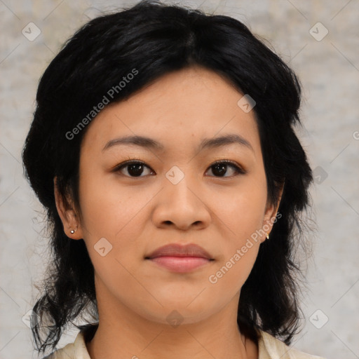 Neutral asian young-adult female with medium  black hair and brown eyes