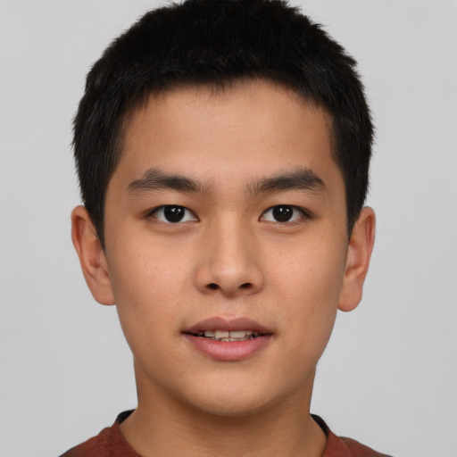 Neutral asian young-adult male with short  brown hair and brown eyes