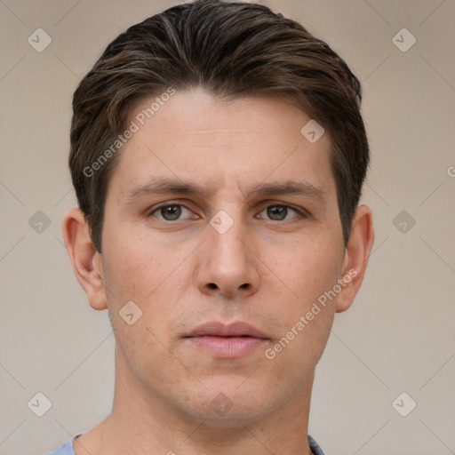 Neutral white young-adult male with short  brown hair and brown eyes