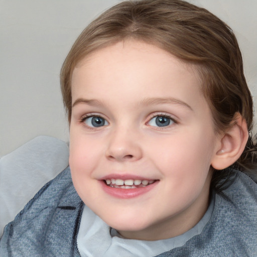 Joyful white child female with medium  brown hair and blue eyes