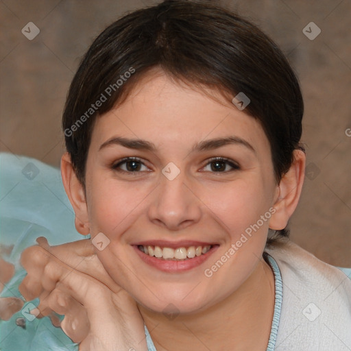 Joyful white young-adult female with medium  brown hair and brown eyes