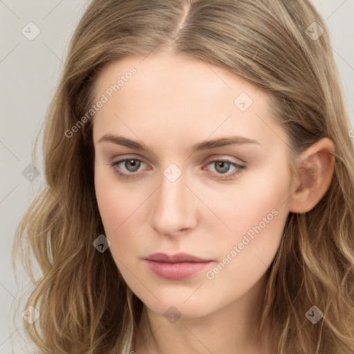 Neutral white young-adult female with long  brown hair and grey eyes