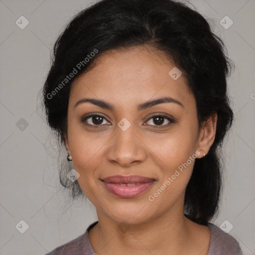 Joyful latino young-adult female with medium  black hair and brown eyes