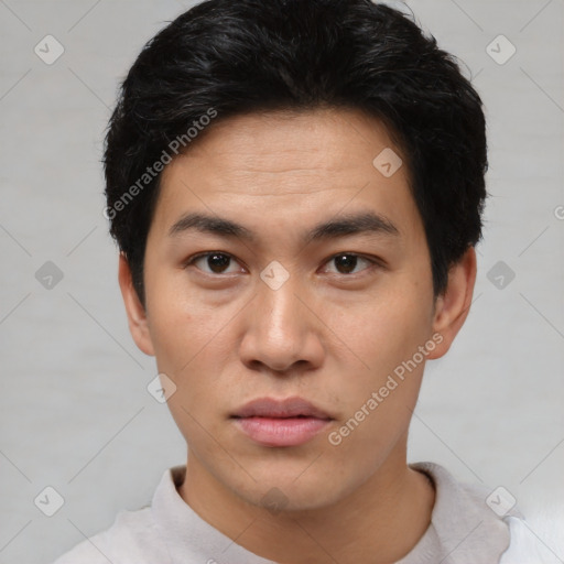 Neutral asian young-adult male with short  black hair and brown eyes