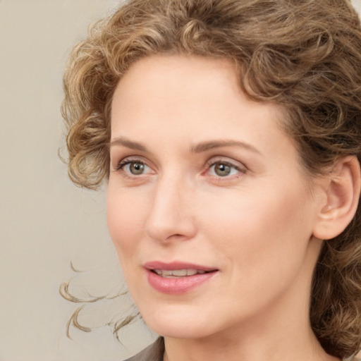 Joyful white young-adult female with medium  brown hair and green eyes