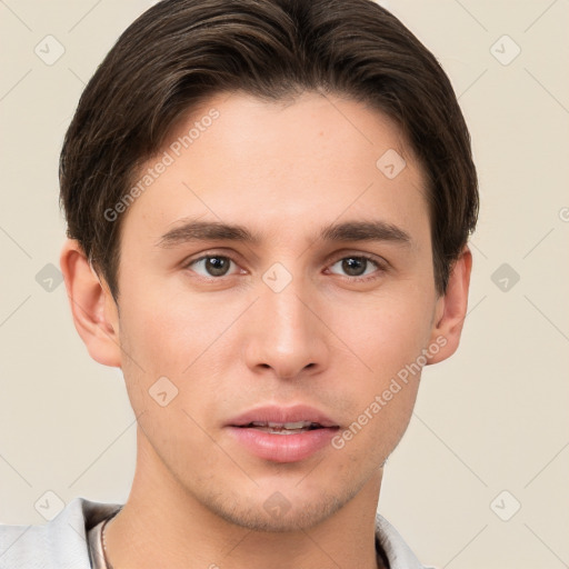 Neutral white young-adult male with short  brown hair and brown eyes