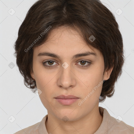 Neutral white young-adult female with medium  brown hair and brown eyes