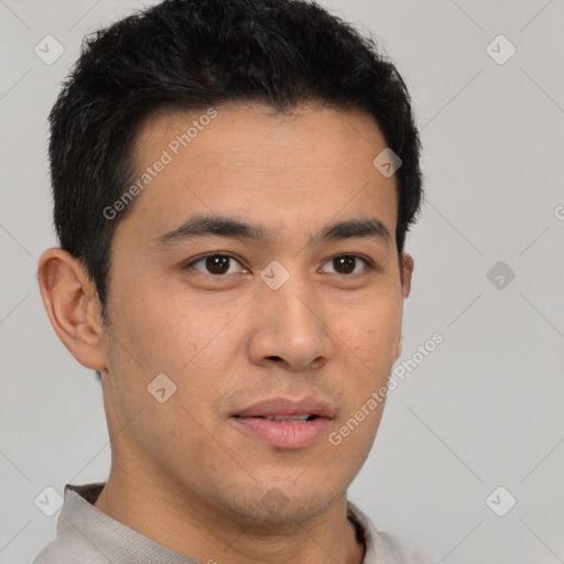 Neutral latino young-adult male with short  brown hair and brown eyes