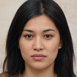 Neutral asian young-adult female with long  black hair and brown eyes