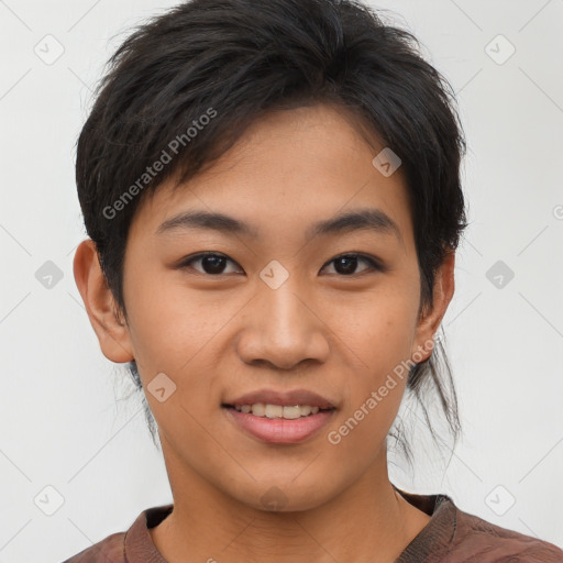 Joyful asian young-adult female with short  brown hair and brown eyes