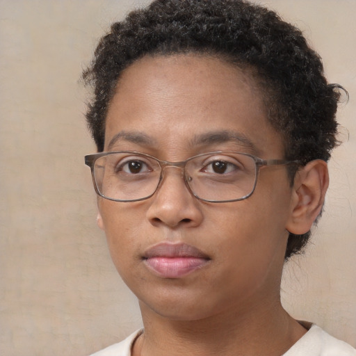 Neutral black young-adult female with short  brown hair and brown eyes