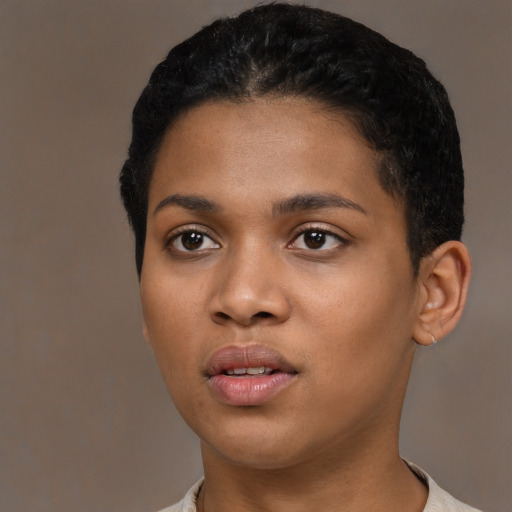 Neutral black young-adult female with short  black hair and brown eyes
