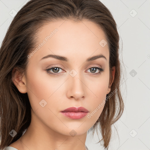 Neutral white young-adult female with long  brown hair and brown eyes