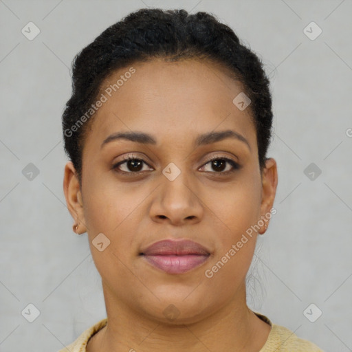 Joyful latino young-adult female with short  brown hair and brown eyes