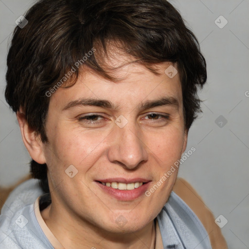 Joyful white adult male with medium  brown hair and brown eyes