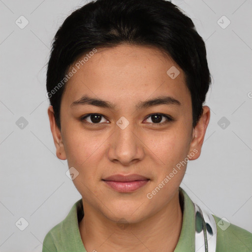 Joyful asian young-adult female with short  black hair and brown eyes