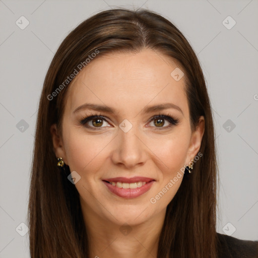 Joyful white young-adult female with long  brown hair and brown eyes