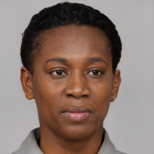 Neutral black young-adult female with short  black hair and brown eyes
