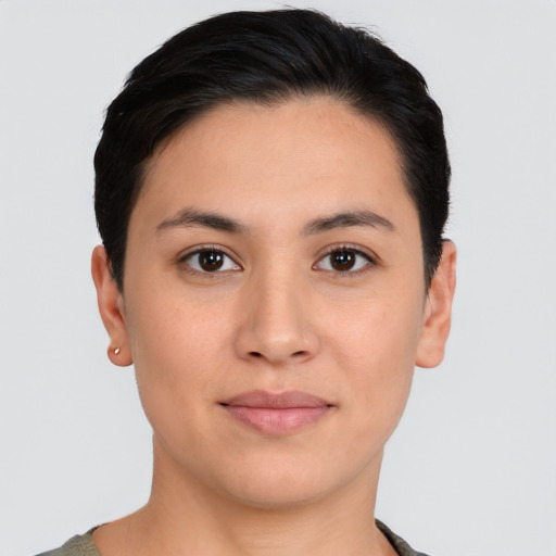 Joyful asian young-adult female with short  brown hair and brown eyes