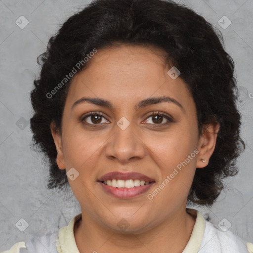 Joyful latino adult female with short  brown hair and brown eyes