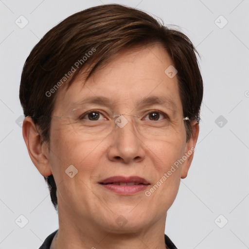 Joyful white adult female with short  brown hair and grey eyes