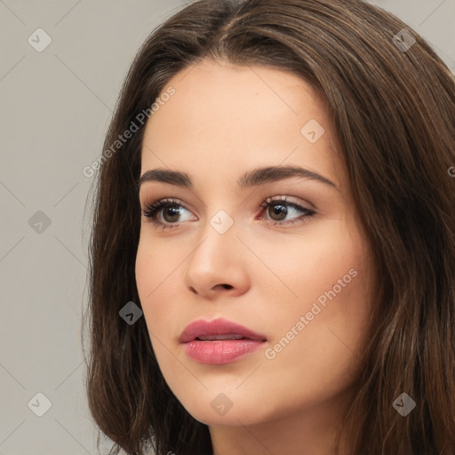 Neutral white young-adult female with long  brown hair and brown eyes