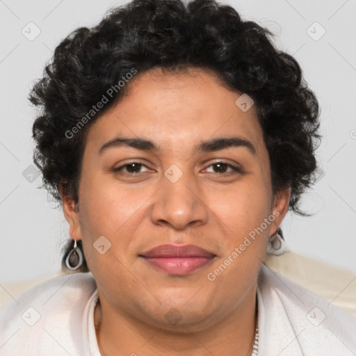 Joyful latino adult female with short  brown hair and brown eyes