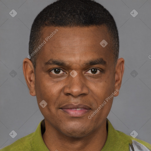 Joyful latino young-adult male with short  brown hair and brown eyes