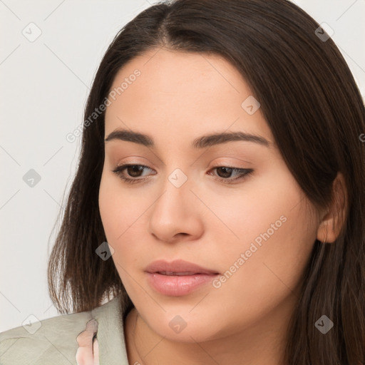 Neutral white young-adult female with long  brown hair and brown eyes