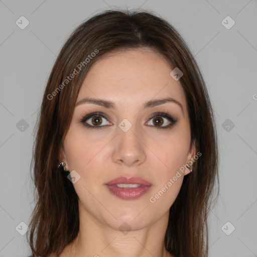 Neutral white young-adult female with long  brown hair and brown eyes