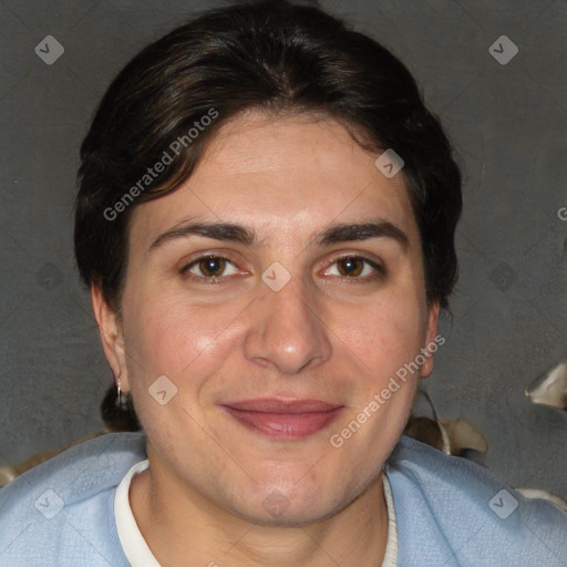 Joyful white adult female with short  brown hair and brown eyes