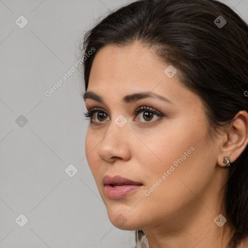 Neutral white young-adult female with long  brown hair and brown eyes