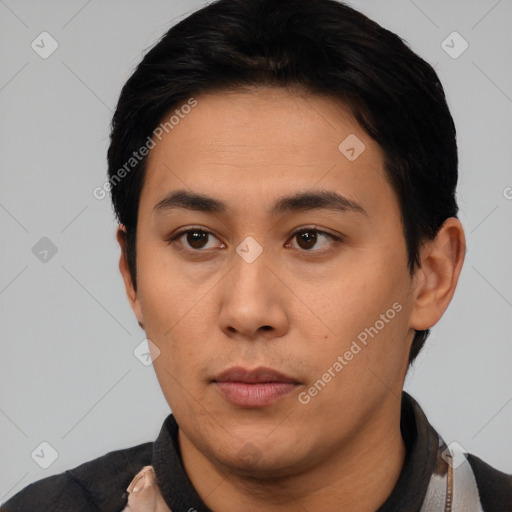 Neutral asian young-adult male with short  black hair and brown eyes