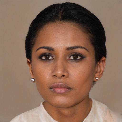 Neutral asian young-adult female with short  black hair and brown eyes