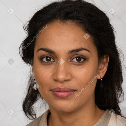 Joyful latino young-adult female with long  brown hair and brown eyes