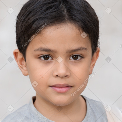 Joyful white child female with short  brown hair and brown eyes