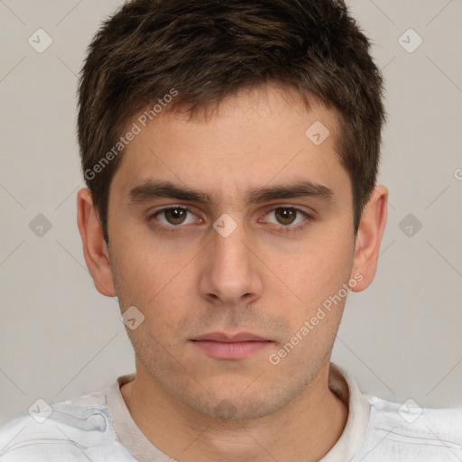 Neutral white young-adult male with short  brown hair and brown eyes