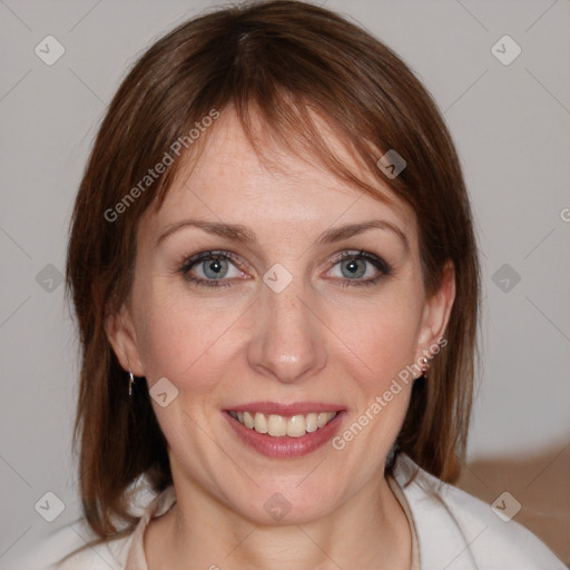 Joyful white young-adult female with medium  brown hair and blue eyes