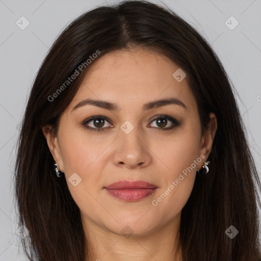 Joyful white young-adult female with long  brown hair and brown eyes