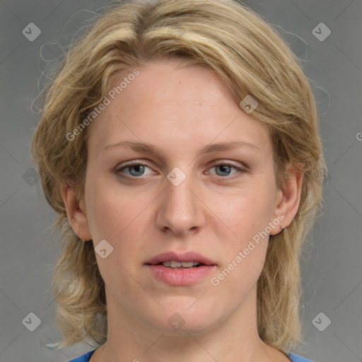 Joyful white young-adult female with medium  brown hair and blue eyes