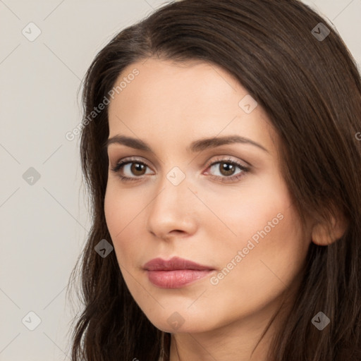 Neutral white young-adult female with long  brown hair and brown eyes