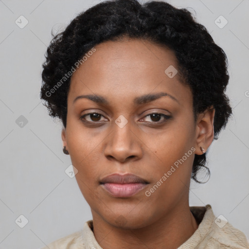 Neutral black young-adult female with short  black hair and brown eyes