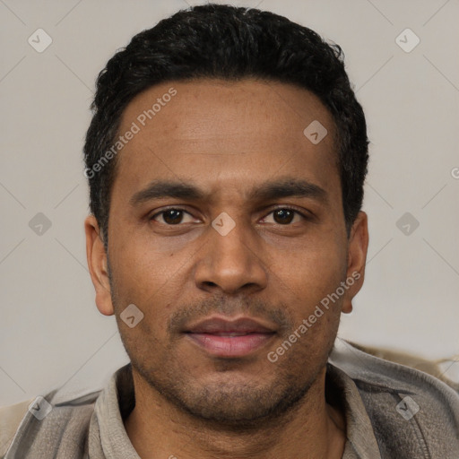 Neutral latino young-adult male with short  black hair and brown eyes