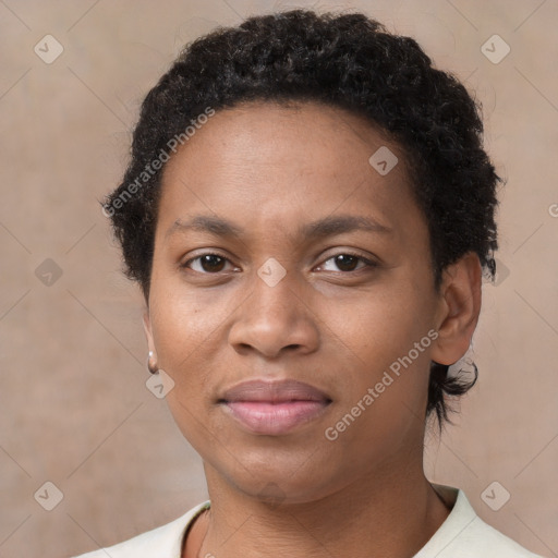 Neutral black young-adult female with short  brown hair and brown eyes