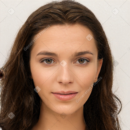 Neutral white young-adult female with long  brown hair and brown eyes