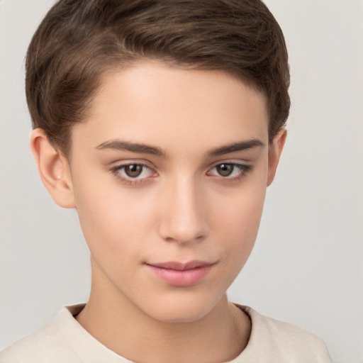 Neutral white young-adult female with short  brown hair and brown eyes