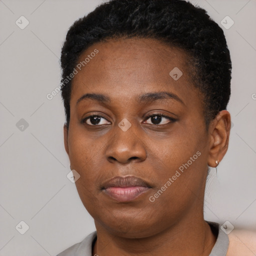 Neutral black young-adult female with short  black hair and brown eyes