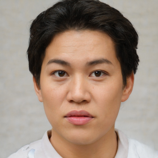 Joyful asian young-adult female with short  brown hair and brown eyes