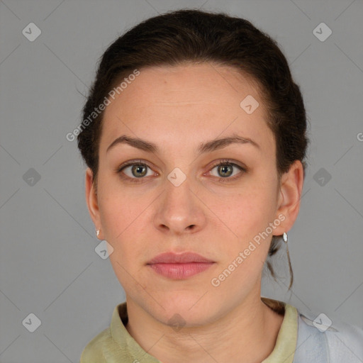 Neutral white young-adult female with short  brown hair and grey eyes