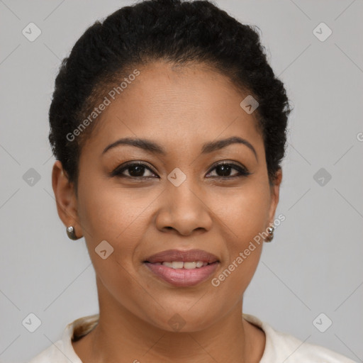 Joyful latino young-adult female with short  brown hair and brown eyes